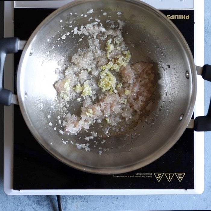 ginger-garlic paste added to onions. 